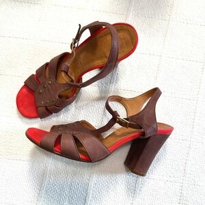 Chie Mihara Leather Heels 41 Brown Red T Strap Chunky Retro Sandals Made Spain